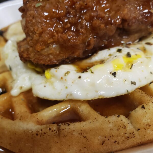 FRIED CHICKEN WITH BLUEBERRY WAFFLES
